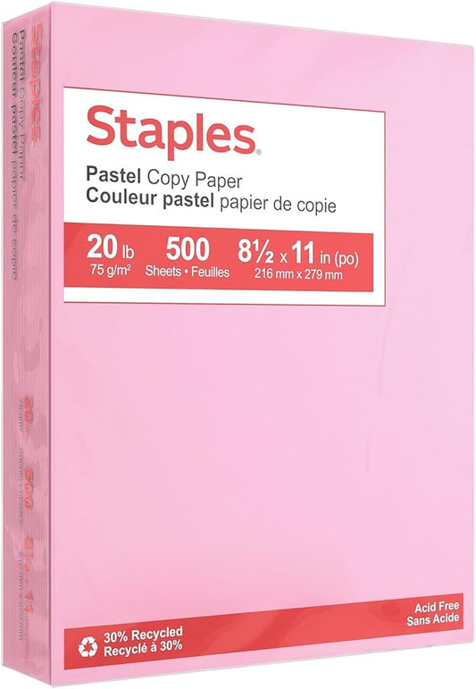 Staples 490935 Pastel Colored Copy Paper 8 1/2-Inch x 11-Inch Pink 500/Ream (14779)
