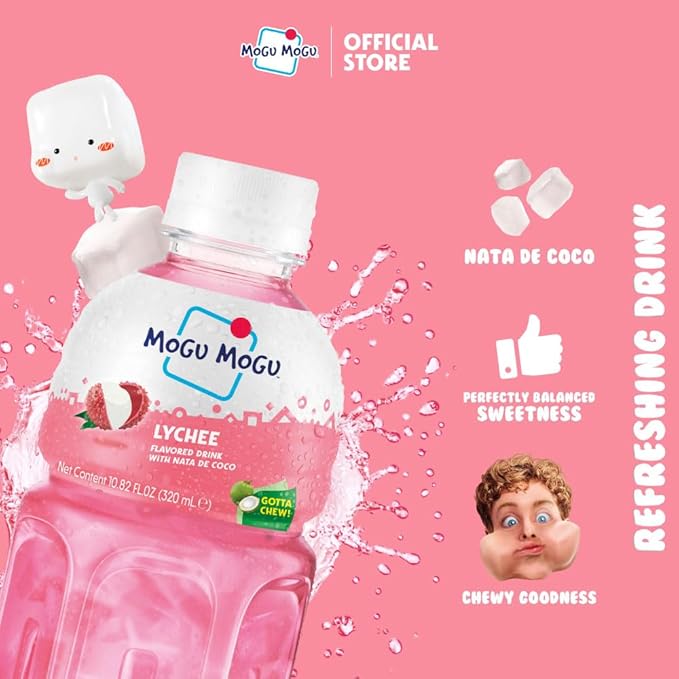 Mogu Mogu Lychee Juice Drink (6 Bottles) with Limited Edition Cooler Bag – Chewy & Fun Lychee Juice with Nata de Coco | Refreshing Drink for Kids & Adults | Ready to Drink Beverage Set
