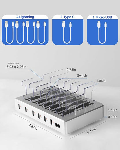 300W Charging Station for Multiple Devices, Fast Charging 6 Port Charging Station - Compatible with iPhone iPad Android Tablets, Home Office Travel Organizer