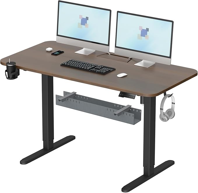 Standing Desk with Cable Management Tray, 55"x24" Electric Height Adjustable Sit Stand Desk, Memory Presets, Anti-Collision, Workstation for Home Office, Walnut Top Black Frame