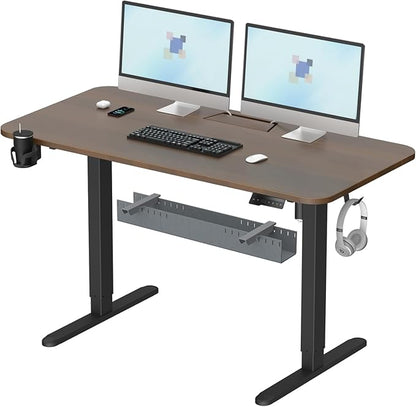 Standing Desk with Cable Management Tray, 55"x24" Electric Height Adjustable Sit Stand Desk, Memory Presets, Anti-Collision, Workstation for Home Office, Walnut Top Black Frame