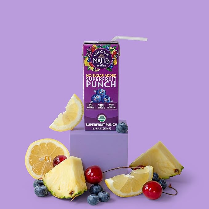 Uncle Matt’s Organic No Sugar Added Superfruit Punch Juice Boxes for Kids with Vitamin C, D, Zinc, Only 40 calories, 32 pack of 6.75 oz Boxes