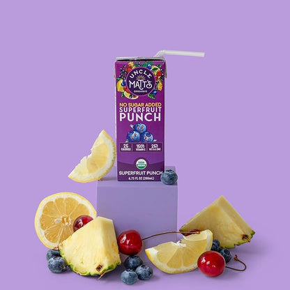 Uncle Matt’s Organic No Sugar Added Superfruit Punch Juice Boxes for Kids with Vitamin C, D, Zinc, Only 40 calories, 32 pack of 6.75 oz Boxes