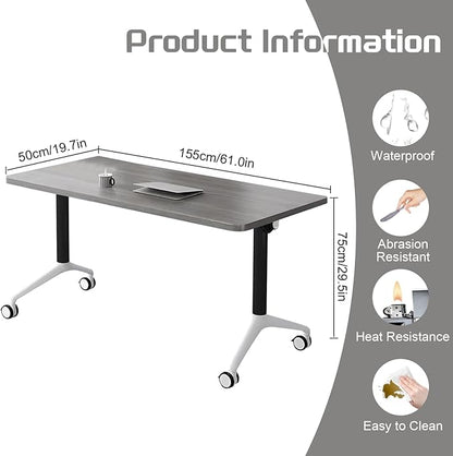 Conference Table,Folding Conference Table with Silent Wheels,Rectangular Business Conference Room Table,for Reception Offices Classrooms Meeting Training Room (10, Grey, 61.0in)
