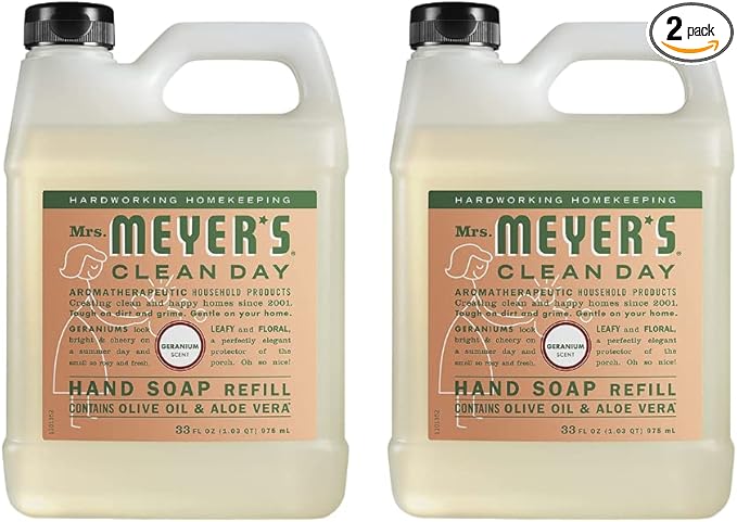MRS. MEYER'S CLEAN DAY Hand Soap Refill, Made with Essential Oils, Biodegradable Formula, Geranium, 33 Fl. Oz (Pack Of 2)