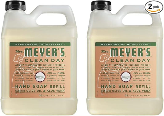 MRS. MEYER'S CLEAN DAY Hand Soap Refill, Made with Essential Oils, Biodegradable Formula, Geranium, 33 Fl. Oz (Pack Of 2)