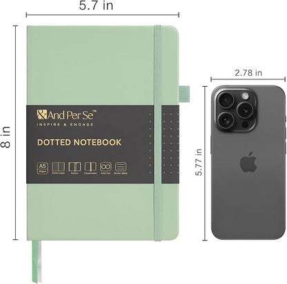 A5 Hardcover Leather Bullet Dotted Journal, 160 Pages 100 gsm Thick Paper, 3 Sheets of Stickers Included- 5.7'' x 8''（Light Green）