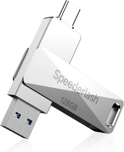 128GB USB 3.0 Flash Drive, Speederlash Dual USB A & Type-C Thumb Drive, 200MB/s Read Speed Jump Drive, Swivel Metal Housing 2-in-1 Memory Stick for Android Phones, Tablets, Laptops, and PCs