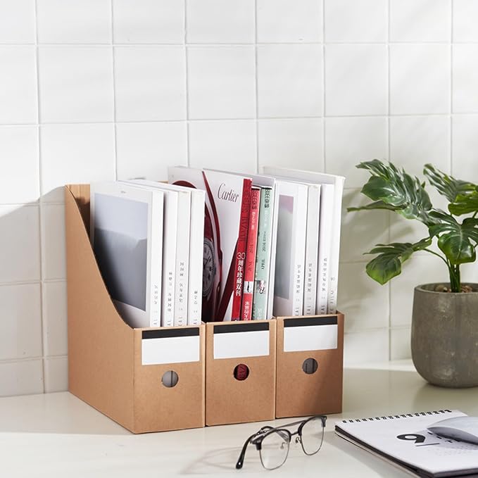 24 Pcs Cardboard Magazine File Holders, Magazine Book Bin Box With Label Stickers, Brown Bulk Kraft Magazines Organizer for Home Office, File Storage Boxes for Desk Shelves