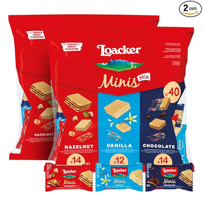 Loacker Minis Wafer Variety Pack - 30% Less Sugar - Premium Assorted Cream Filled Wafer Cookies - Mix of Hazelnut, Chocolate and Vanilla Crispy Wafers - NON-GMO - Sustainably - Pouch (x2) 0.35oz, 80 Individually Wrapped Snack Packs