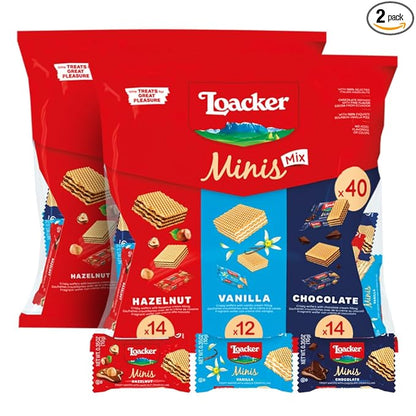 Loacker Minis Wafer Variety Pack - 30% Less Sugar - Premium Assorted Cream Filled Wafer Cookies - Mix of Hazelnut, Chocolate and Vanilla Crispy Wafers - NON-GMO - Sustainably - Pouch (x2) 0.35oz, 80 Individually Wrapped Snack Packs
