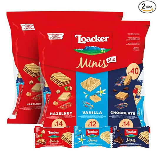 Loacker Minis Wafer Variety Pack - 30% Less Sugar - Premium Assorted Cream Filled Wafer Cookies - Mix of Hazelnut, Chocolate and Vanilla Crispy Wafers - NON-GMO - Sustainably - Pouch (x2) 0.35oz, 80 Individually Wrapped Snack Packs