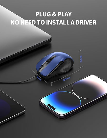 TECKNET USB Wired Mouse, 6-Button Corded Computer Mouse with 4 Adjustable DPI, Optical Computer Mice with Ergonomic Design and 5FT Cord for Laptop, Chromebook, PC, Desktop, Mac, Notebook-Blue