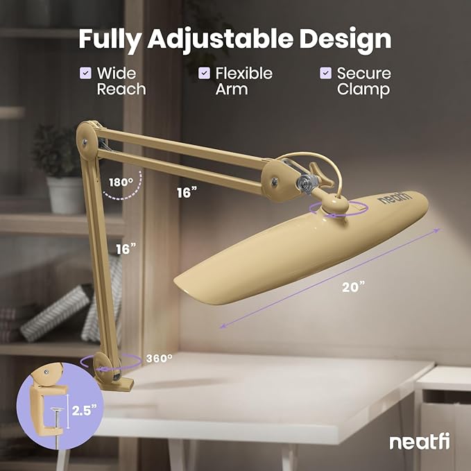 Neatfi XL LED Desk Lamp with Clamp, 2200 Lumens, 24W, 20-Inch Wide Head, Dimmable 4 Brightness Levels, Task Light for Home Office, Crafts, Workbench (Non-CCT, Gold)