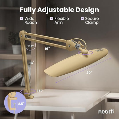Neatfi XL LED Desk Lamp with Clamp, 2200 Lumens, 24W, 20-Inch Wide Head, Dimmable 4 Brightness Levels, Task Light for Home Office, Crafts, Workbench (Non-CCT, Gold)