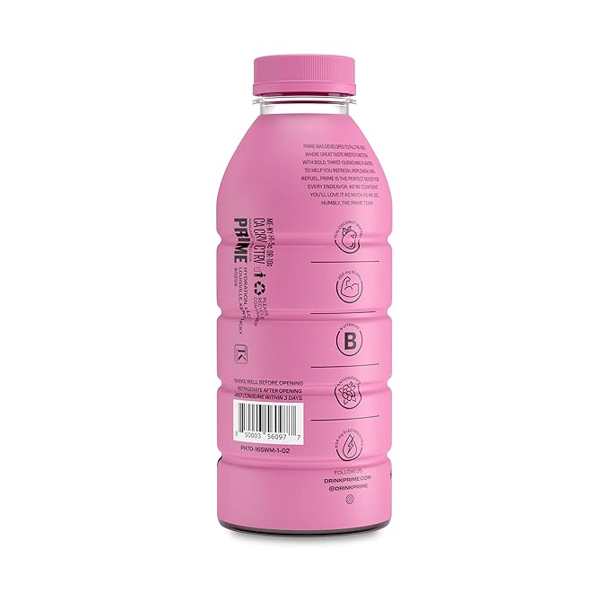PRIME Hydration STRAWBERRY WATERMELON, Sports Drinks, Electrolyte Enhanced for Replsnishing Fluids, 250mg BCAAs, B Vitamins, Antioxidants, Low Sugar, 16.9 Fl Oz, 12 Pack