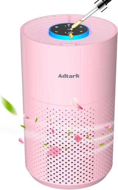 Air Purifiers for Home Bedroom, ADTARK Air Cleaner with H14 True HEPA 3-in-1 Filter, Sleep Mode & Aroma Function, 3 Light Modes, Room Air Purifier with 3 Timer for Office, Dorm, Hotel (Pink)