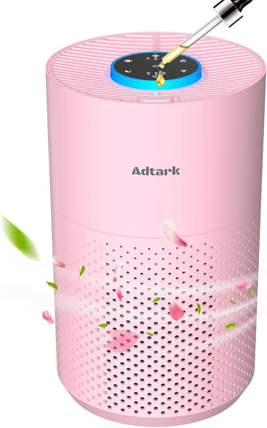 Air Purifiers for Home Bedroom, ADTARK Air Cleaner with H14 True HEPA 3-in-1 Filter, Sleep Mode & Aroma Function, 3 Light Modes, Room Air Purifier with 3 Timer for Office, Dorm, Hotel (Pink)