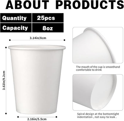 Paper Cups 8 oz 25 Pack, Disposable Paper Coffee Cups for Hot or Cold Beverage Drinking for Party, Picnic, BBQ, Travel, and Event -White