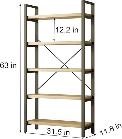 Real Solid Wood Rustic Vintage Industrial Etagere Bookshelf, Metal & Timber Free Vintage Bookcase, Retro Brown (Genuine Timber) (5-Tiers-Real Wood)