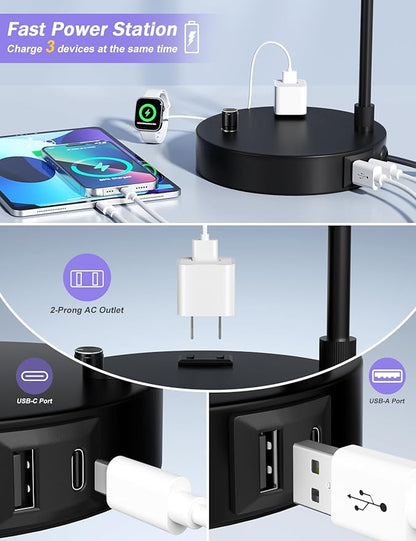 Innqoo Black Tall Table Lamp with USB Port and Outlet, Dimmable Nightstand Bedside Lamps with Linen Lampshade, Desk Lamp for Bedroom, Living Room, Guest Room, Home Office, LED Bulb Included