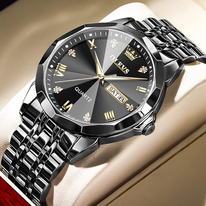 OLEVS Watches for Men Diamond Business Dress Analog Quartz Stainless Steel Date Luxury Casual Fashion Wrist Watch Waterproof Luminous