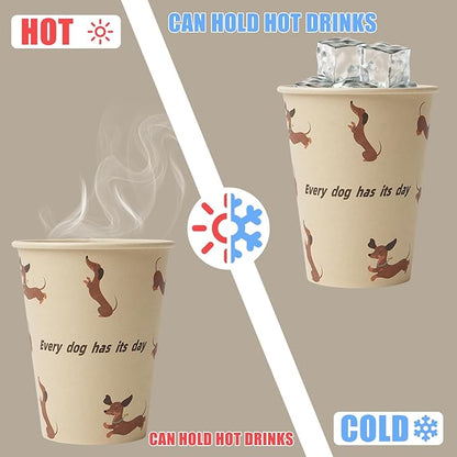 12 oz 25 Pack Disposable Paper Coffee Cups with Lids, Disposable Paper Cups for Cold/Hot Drinks, Leak-Proof To Go Drinking Cups for Office Party Home Picnic & Travel (Doggy Style)