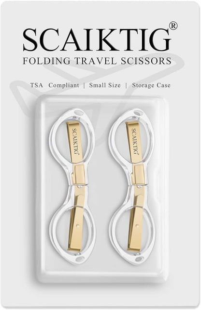 3.8” Folding Travel Scissors Set (2 Pcs), Safety Small Mini Foldable Scissors All Purpos, Clear Acrylic Comfort-Grip Handles, Gold Titanium Coated Blades for Craft, Sewing, Office Desk, Nurse