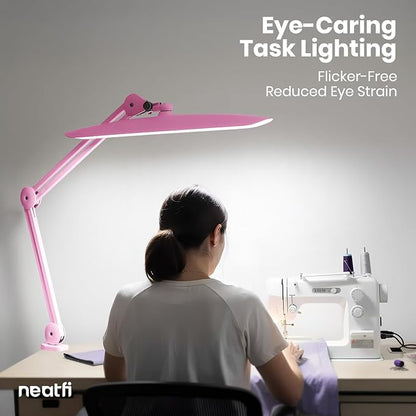 Neatfi XL LED Desk Lamp with Clamp, 2200 Lumens, 24W, 20-Inch Wide Head, Dimmable 4 Brightness Levels, Task Light for Home Office, Crafts, Workbench (Non-CCT, Pink)