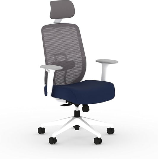 HON Altern Ergonomic Office Chair with Headrest, Arms, Wheels, Foam Cushion Seat, Mid Back Home Office Desk Chair Comfy, Height Adjustable Arms, Synchro-Tilt, White Frame, Indigo