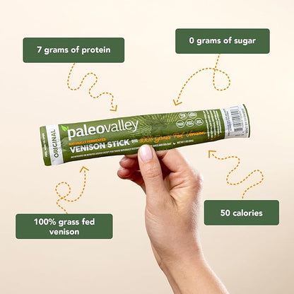 Paleovalley 100% Grass Fed Venison Sticks – 10 Pack – Keto-Friendly, High Protein, Low-Calorie Snack – Omega-3 Rich, Gluten-Free, Nitrate-Free, Naturally Flavored – Healthy On-the-Go Meat Snack