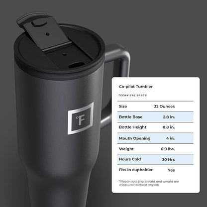 IRON °FLASK Co-Pilot Insulated Mug w/Straw & Flip Cap Lids - Cup Holder Bottle for Hot, Cold Drink - Leak-Proof - Water, Coffee Portable Travel Mug -, 32 Oz