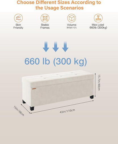 Foldable Storage Ottoman Bench, Velvet Footrest and Seat Cube with Feet, Storage Chest, for Living Room, Bedroom and Office, 15 x 43 x 15.7 Inches, Cream White, UASND24W