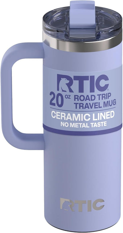 RTIC 20oz Road Trip Travel Mug with Lid and Handle, Ceramic Lined, Insulated, Stainless Steel, Metal, Double Wall Vacuum-Insulation, Portable Coffee, Tea Cup for Hot and Cold Drink, Periwinkle