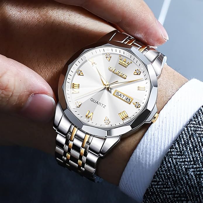 OLEVS Mens Watch Stainless Steel Analog Quartz Watches for Men Day Date Easy Read Diamond Waterproof Dress Luxury Classic Casual Big Face Blue/Black/Gold/Silver Roman Arabic Numerals Men's Wrist Watch