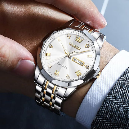 OLEVS Mens Watch Stainless Steel Analog Quartz Watches for Men Day Date Easy Read Diamond Waterproof Dress Luxury Classic Casual Big Face Blue/Black/Gold/Silver Roman Arabic Numerals Men's Wrist Watch