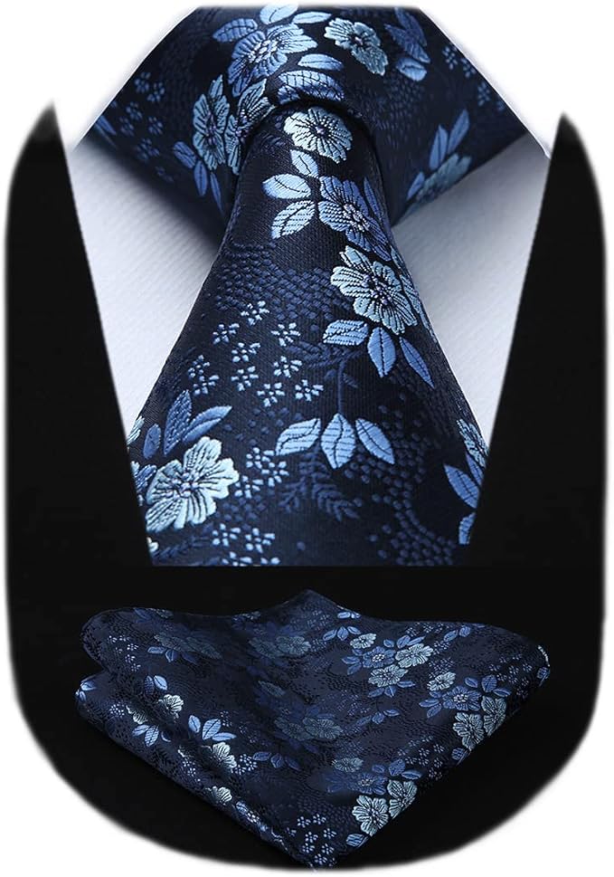 HISDERN Men Floral Ties Woven Classic 3.4" Necktie Set Formal Tie Pocket Square for Wedding with Handkerchief Gift Box