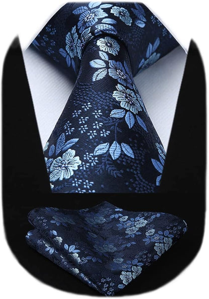 HISDERN Men Floral Ties Woven Classic 3.4" Necktie Set Formal Tie Pocket Square for Wedding with Handkerchief Gift Box
