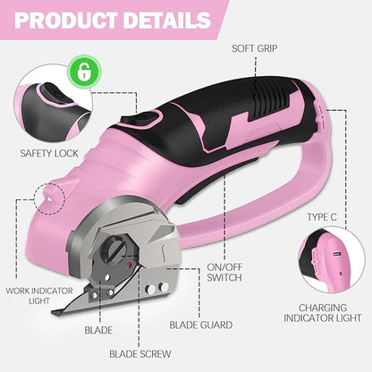 Cordless Electric Scissors, 4V Box Cutter & Cardboard Cutter with 2 Titanium Blades - Rotary Cutter with LED Light for Fabric, Leather, Carpet, Plastic, Crafting + Storage Case (Pink)