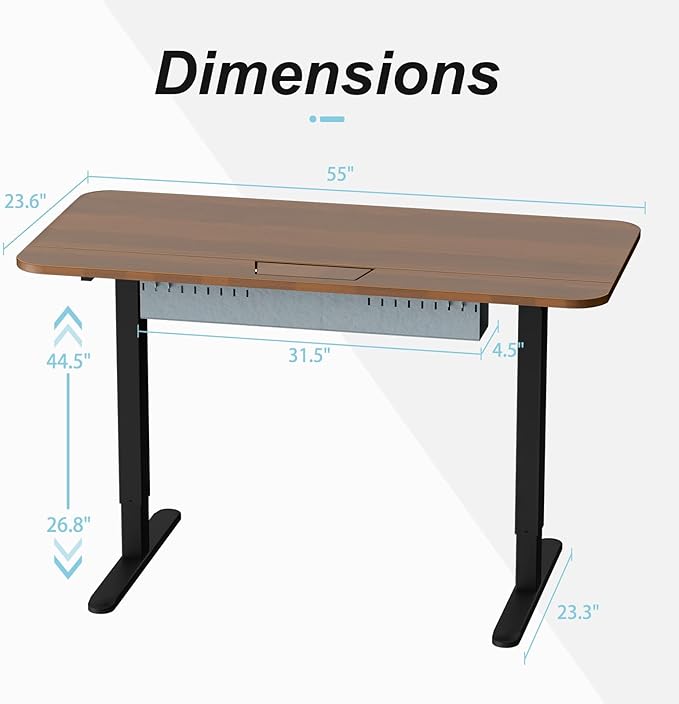 Standing Desk with Cable Management Tray, 55"x24" Electric Height Adjustable Sit Stand Desk, Memory Presets, Anti-Collision, Workstation for Home Office, Walnut Top Black Frame