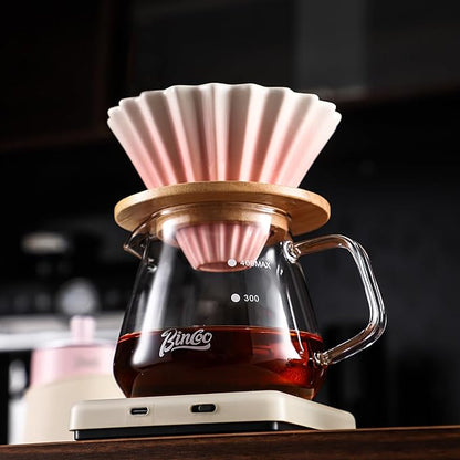 Bincoo 500ML Pour Over Coffee Maker Set with Filter Paper,Ceramic Coffee Dripper with Wood Stand Set for 1-2 Cups-Professional Brewing Tools for Pour Over & Drip for Home Office (Pink)