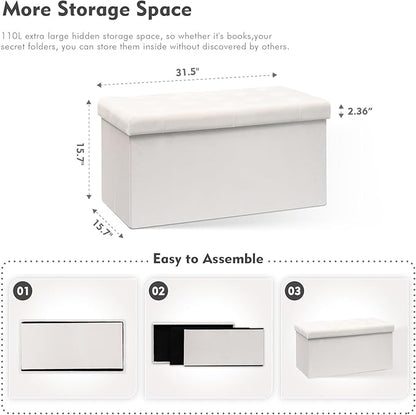 B FSOBEIIALEO Folding Storage Ottoman, Long Ottomans Shoes Bench, Velvet Storage Chest Footrest Seat 31.5"x15.7"x15.7" (White, Large)