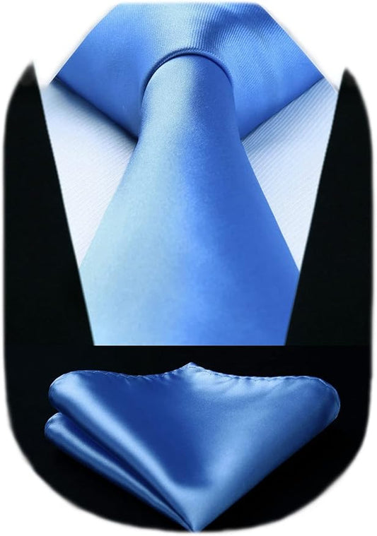 HISDERN Mens Solid Color Ties Formal Satin Necktie and Pocket Square Set Classic Wedding Business Tie & Handkerchief