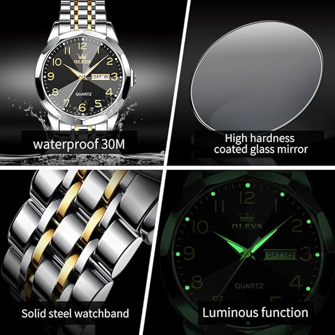 OLEVS Watch for Men Luxury Dress Analog Quartz Stainless Steel Waterproof Luminous Date Diamond Business Two Tone Casual Wrist Watch
