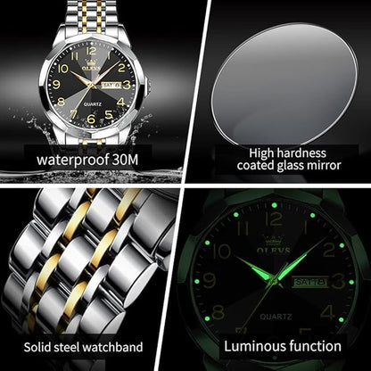 OLEVS Watch for Men Luxury Dress Analog Quartz Stainless Steel Waterproof Luminous Date Diamond Business Two Tone Casual Wrist Watch