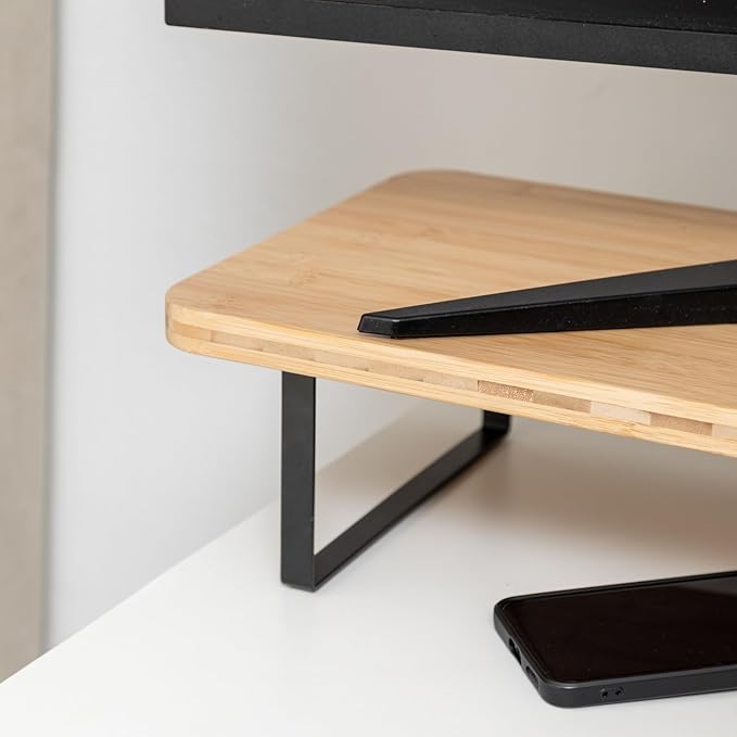 Dual Monitor Stand Riser,41.3'' Solid Bamboo&Steel Computer Monitor Riser, Large Monitor Stand Suitable for 2 Monitors, Tvs, and Printers-Natural Color