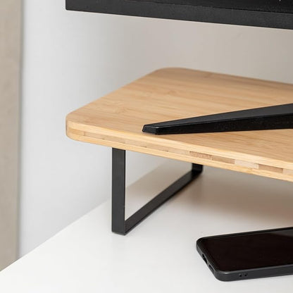 Dual Monitor Stand Riser,41.3'' Solid Bamboo&Steel Computer Monitor Riser, Large Monitor Stand Suitable for 2 Monitors, Tvs, and Printers-Natural Color