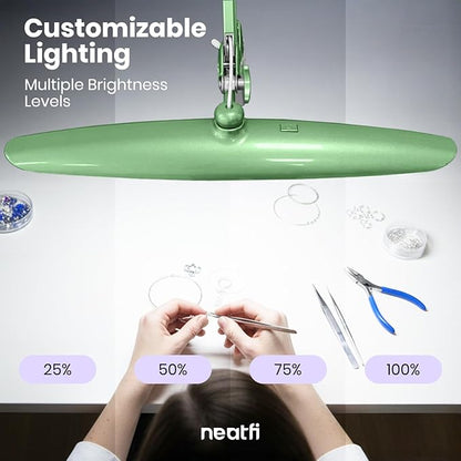 Neatfi XL LED Desk Lamp with Clamp, 2200 Lumens, 24W, 20-Inch Wide Head, Dimmable 4 Brightness Levels, Task Light for Home Office, Crafts, Workbench (Non-CCT, Midnight Green)