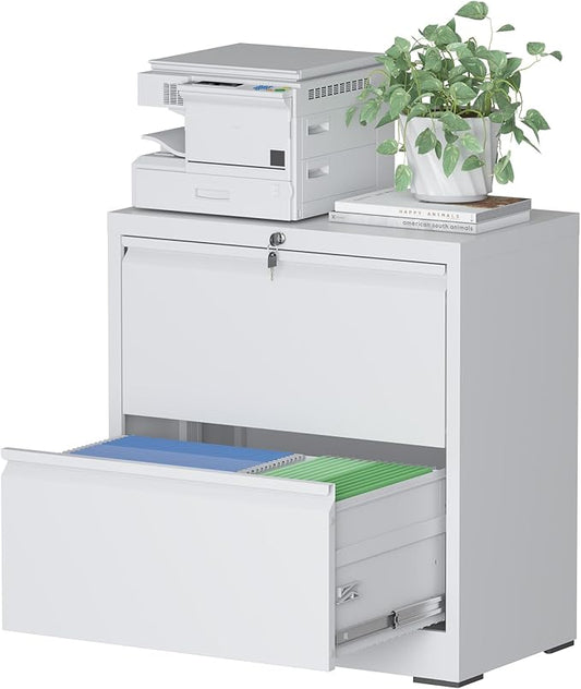File Cabinet with Lock, 2 Drawer Lateral Filing Cabinets for Home Office, Metal Heavy Duty Steel Storage Cabinets for Hanging Letter/Legal/F4/A4 Size, Assembly Required White