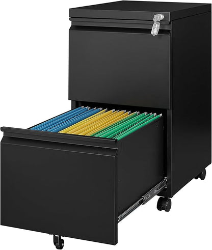 Rolling File Cabinet with Lock, 2 Drawer Metal Mobile Office Filing Cabinet Under Desk for Legal/Letter Size(Assembly Required)